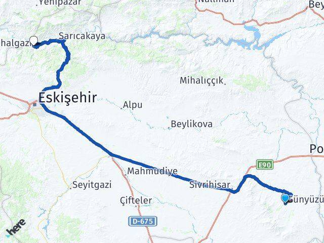 Eskişehir Günyüzü Mihalgazi Arası Kaç Km - Yol Haritası