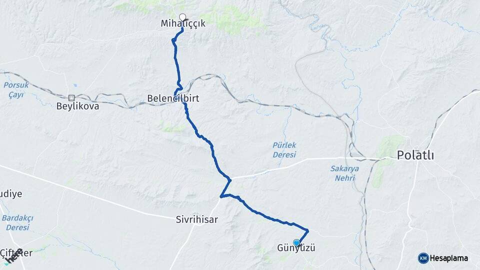 Eskişehir Günyüzü Mihalıççık Arası Kaç Km - Yol Haritası