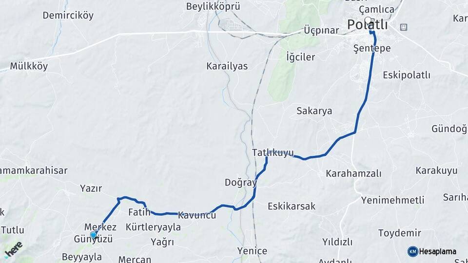 Eskişehir Günyüzü Polatlı Ankara Arası Kaç Km - Yol Haritası
