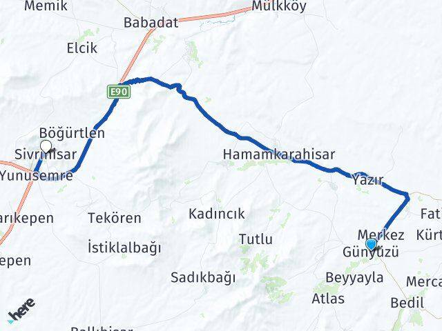 Eskişehir Günyüzü Sivrihisar Arası Kaç Km - Yol Haritası