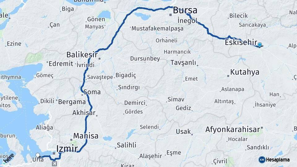 Eskişehir Güzelbahçe İzmir Arası Kaç Km - Yol Haritası