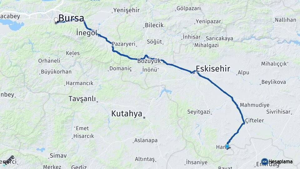 Eskişehir Han Bursa Arası Kaç Km - Yol Haritası