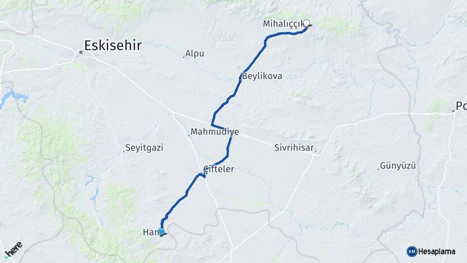 Eskişehir Han Mihalıççık Arası Kaç Km - Yol Haritası