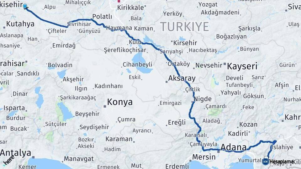 Eskişehir Hassa Hatay Arası Kaç Km - Yol Haritası
