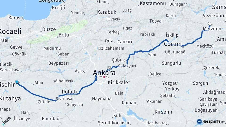 Eskişehir Havza Samsun Arası Kaç Km - Yol Haritası