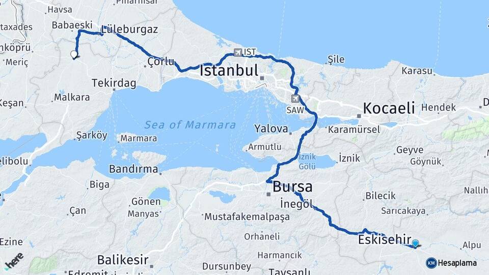 Eskişehir Hayrabolu Tekirdağ Arası Kaç Km - Yol Haritası