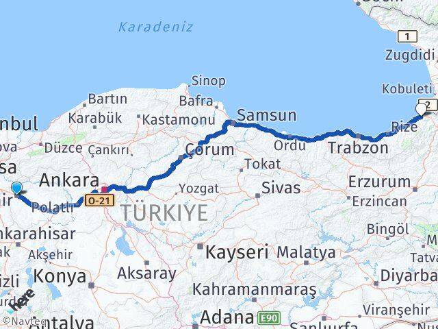 Eskişehir Hopa Artvin Arası Kaç Km - Yol Haritası