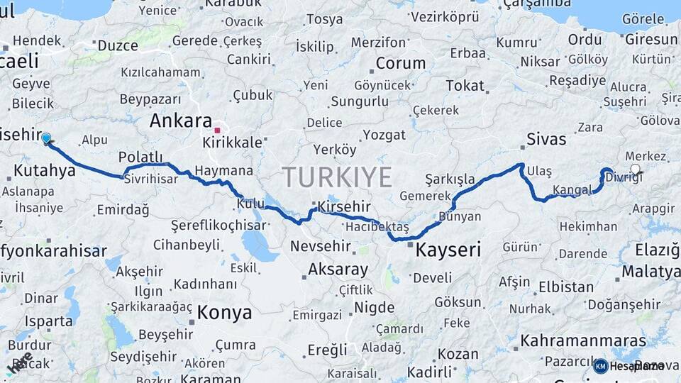 Eskişehir İliç Erzincan Arası Kaç Km - Yol Haritası