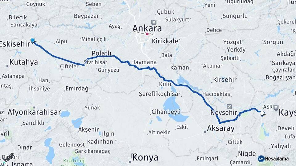 Eskişehir İncesu Kayseri Arası Kaç Km - Yol Haritası