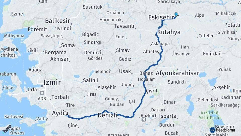 Eskişehir İncirliova Aydın Arası Kaç Km - Yol Haritası
