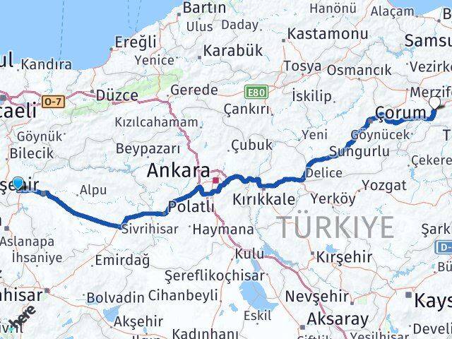 Eskişehir İnönü Amasya Arası Kaç Km - Yol Haritası