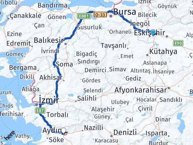 Eskişehir İnönü Aydın Arası Kaç Km - Yol Haritası