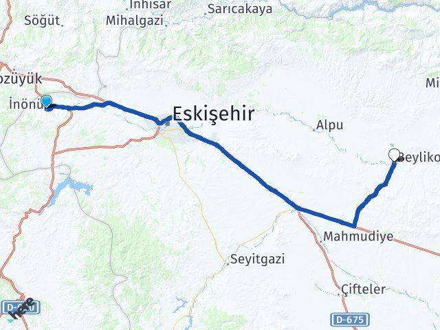 Eskişehir İnönü Beylikova Arası Kaç Km - Yol Haritası