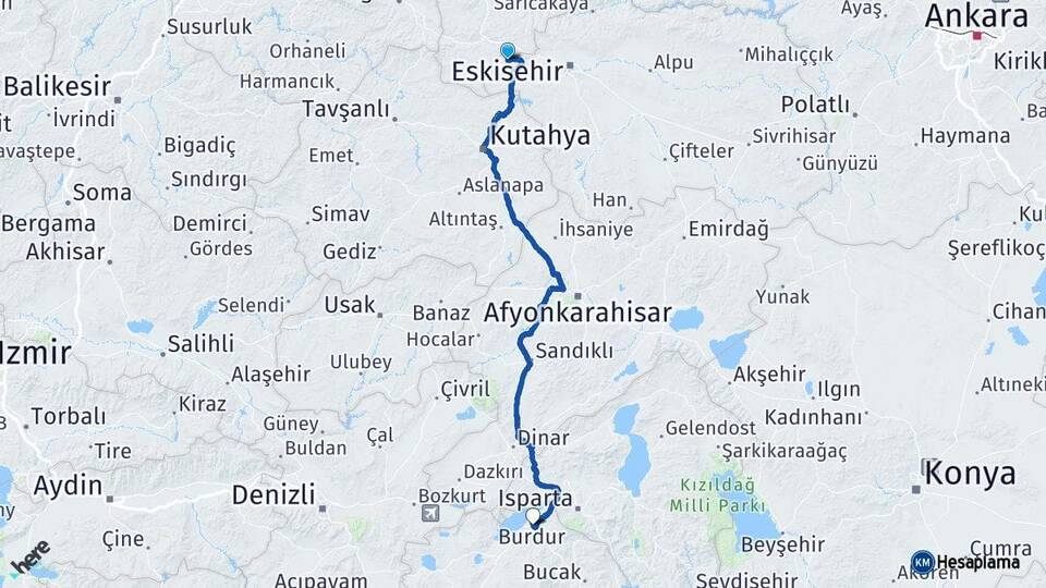 Eskişehir İnönü Burdur Arası Kaç Km - Yol Haritası