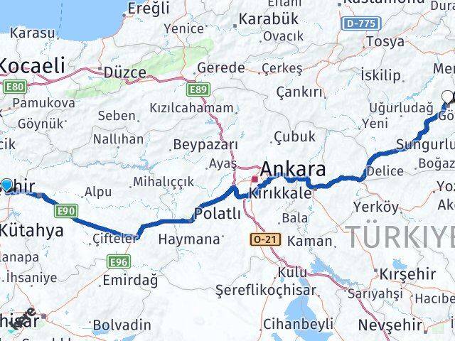 Eskişehir İnönü Çorum Arası Kaç Km - Yol Haritası