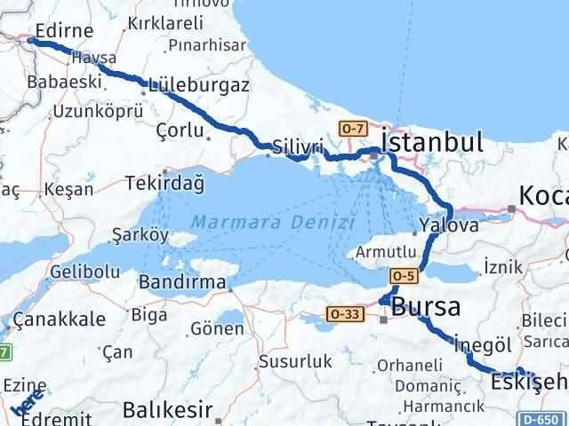 Eskişehir İnönü Edirne Arası Kaç Km - Yol Haritası