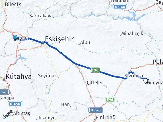 Eskişehir İnönü Günyüzü Arası Kaç Km - Yol Haritası
