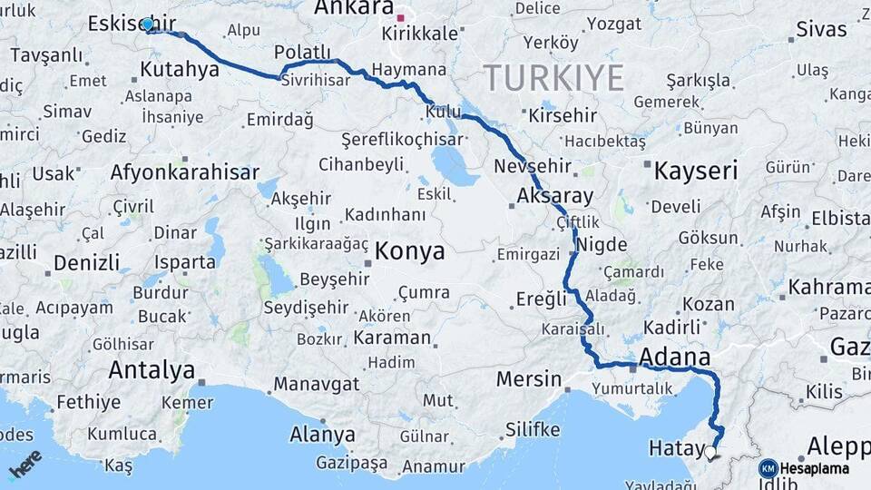 Eskişehir İnönü Hatay Arası Kaç Km - Yol Haritası
