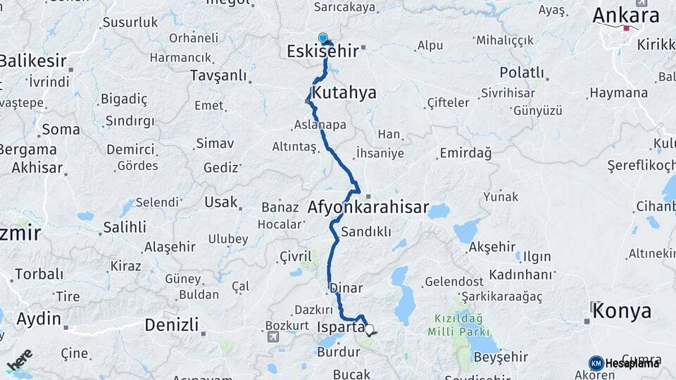 Eskişehir İnönü Isparta Arası Kaç Km - Yol Haritası