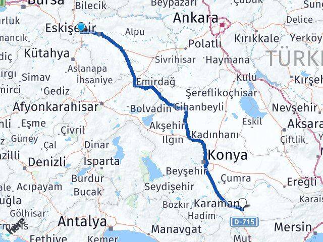 Eskişehir İnönü Karaman Arası Kaç Km - Yol Haritası