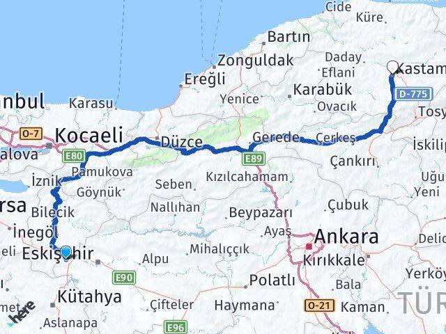Eskişehir İnönü Kastamonu Arası Kaç Km - Yol Haritası