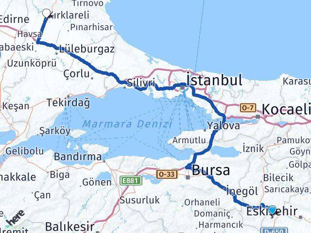 Eskişehir İnönü Kırklareli Arası Kaç Km - Yol Haritası