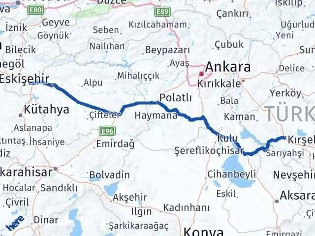 Eskişehir İnönü Kırşehir Arası Kaç Km - Yol Haritası