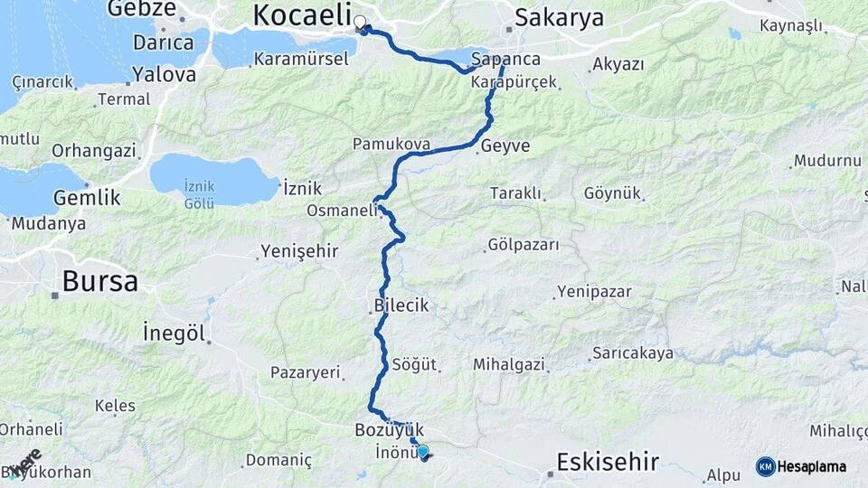 Eskişehir İnönü Kocaeli Arası Kaç Km - Yol Haritası