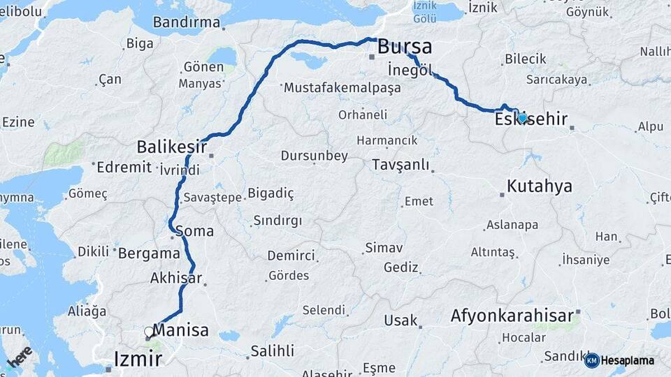 Eskişehir İnönü Manisa Arası Kaç Km - Yol Haritası