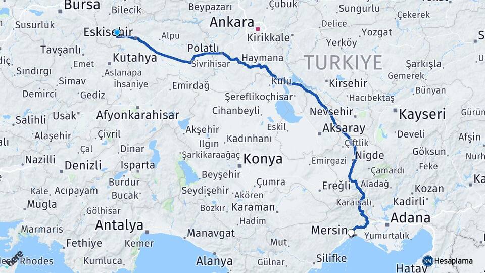 Eskişehir İnönü Mersin Arası Kaç Km - Yol Haritası