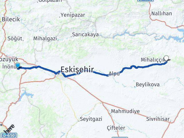Eskişehir İnönü Mihalıççık Arası Kaç Km - Yol Haritası