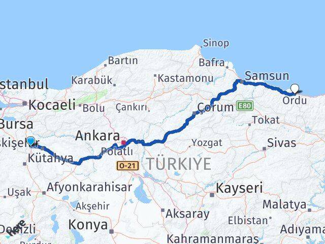 Eskişehir İnönü Ordu Arası Kaç Km - Yol Haritası