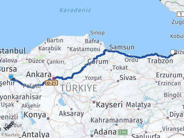 Eskişehir İnönü Rize Arası Kaç Km - Yol Haritası
