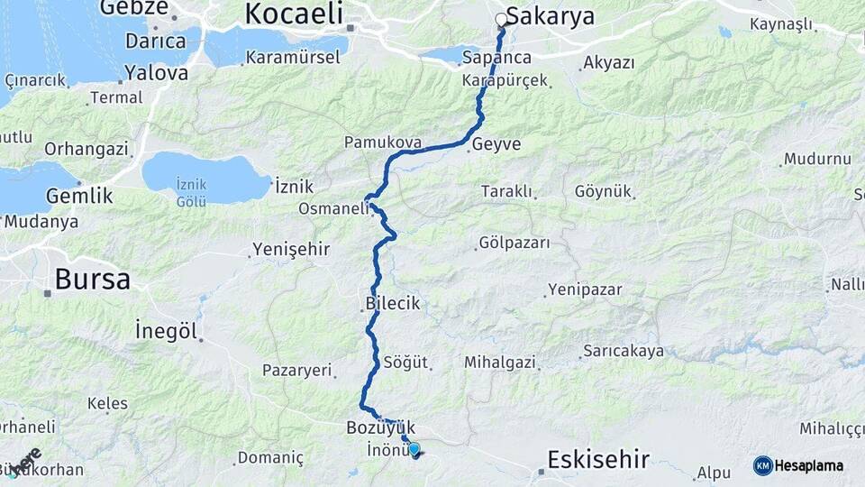Eskişehir İnönü Sakarya Arası Kaç Km - Yol Haritası