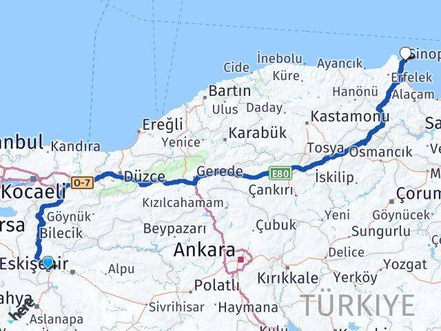Eskişehir İnönü Sinop Arası Kaç Km - Yol Haritası