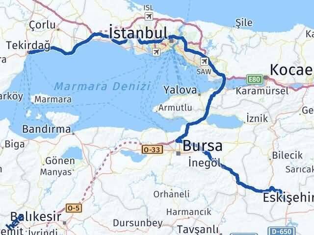 Eskişehir İnönü Tekirdağ Arası Kaç Km - Yol Haritası