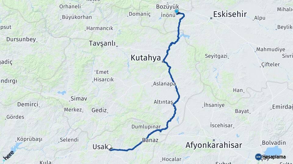 Eskişehir İnönü Uşak Arası Kaç Km - Yol Haritası