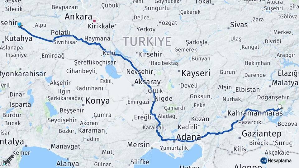 Eskişehir Kahta Adıyaman Arası Kaç Km - Yol Haritası