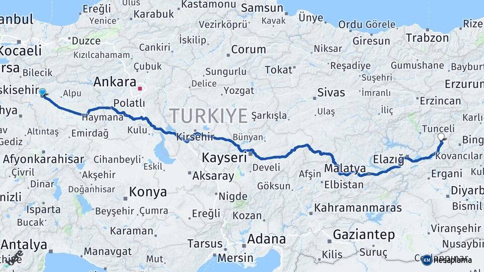 Eskişehir Karakoçan Elazığ Arası Kaç Km - Yol Haritası
