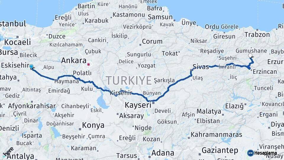 Eskişehir Kelkit Gümüşhane Arası Kaç Km - Yol Haritası
