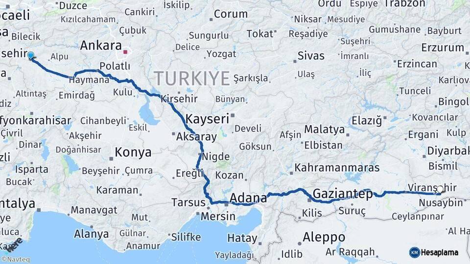 Eskişehir Kızıltepe Mardin Arası Kaç Km - Yol Haritası
