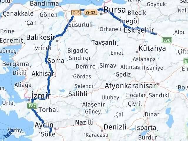 Eskişehir Koçarlı Aydın Arası Kaç Km - Yol Haritası