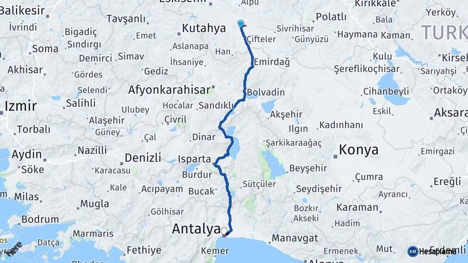 Eskişehir Mahmudiye Antalya Arası Kaç Km - Yol Haritası