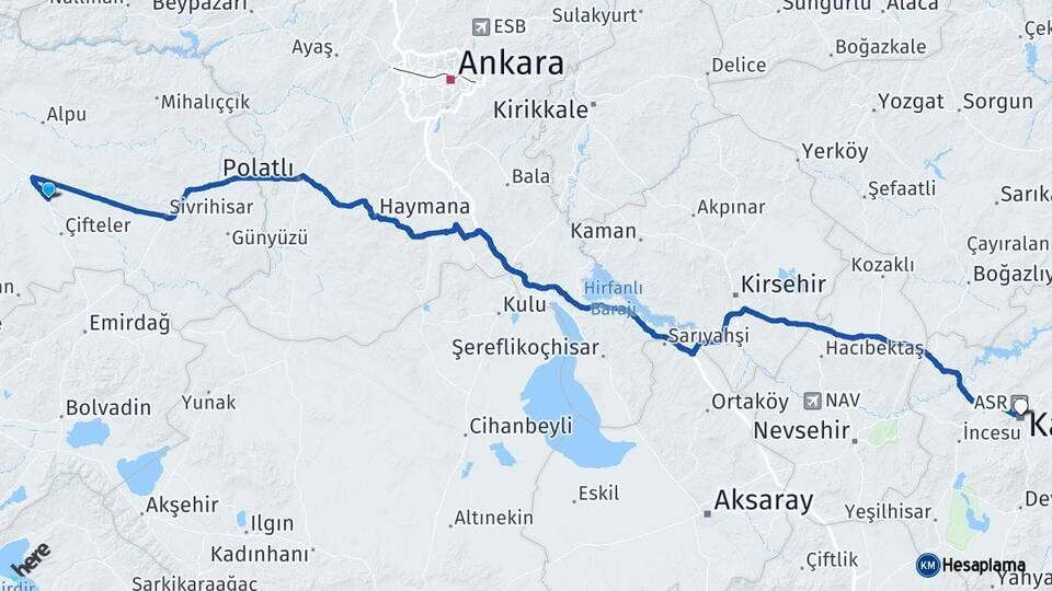 Eskişehir Mahmudiye Kayseri Arası Kaç Km - Yol Haritası