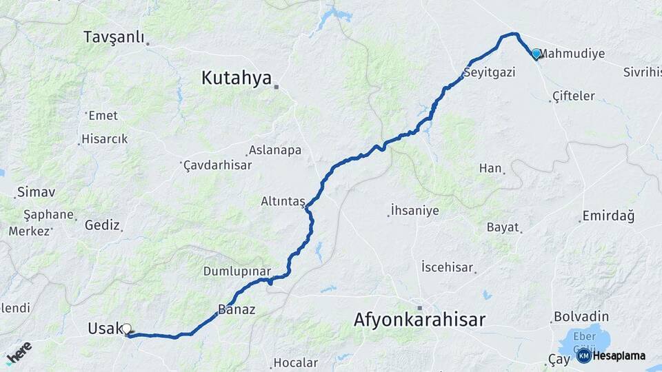 Eskişehir Mahmudiye Uşak Arası Kaç Km - Yol Haritası