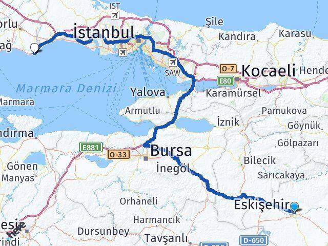 Eskişehir Marmaraereğlisi Tekirdağ Arası Kaç Km - Yol Haritası
