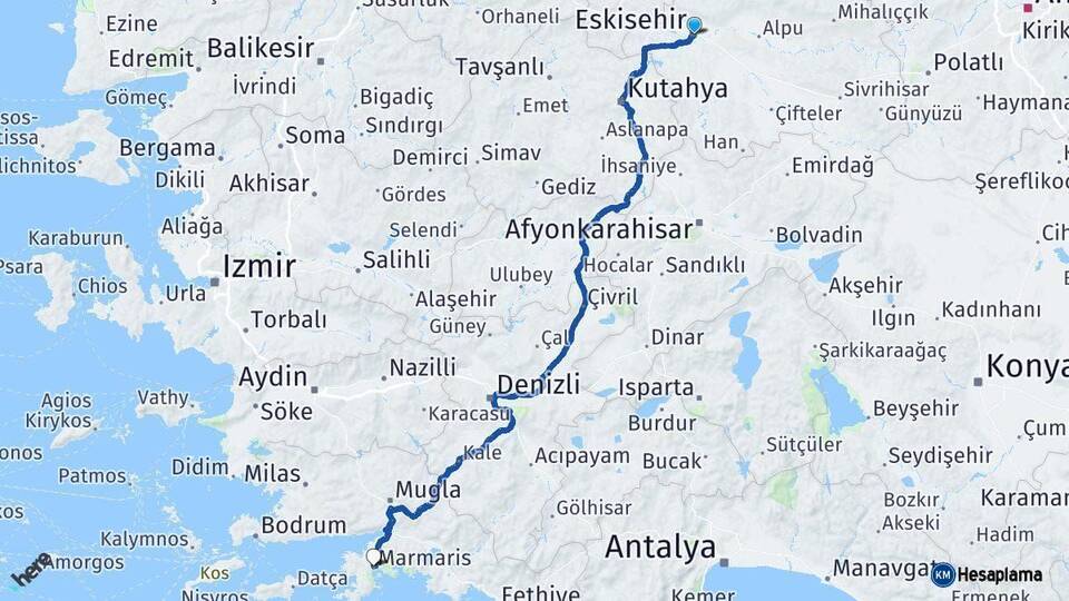 Eskişehir Marmaris Muğla Arası Kaç Km - Yol Haritası