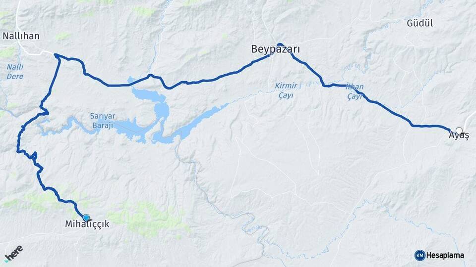 Eskişehir Mihalıççık Ayaş Ankara Arası Kaç Km - Yol Haritası