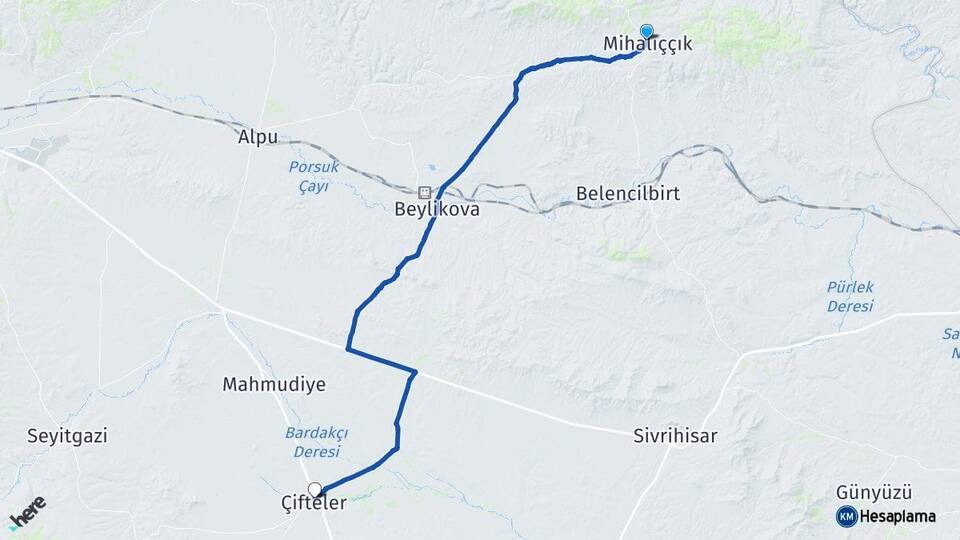 Eskişehir Mihalıççık Çifteler Arası Kaç Km - Yol Haritası