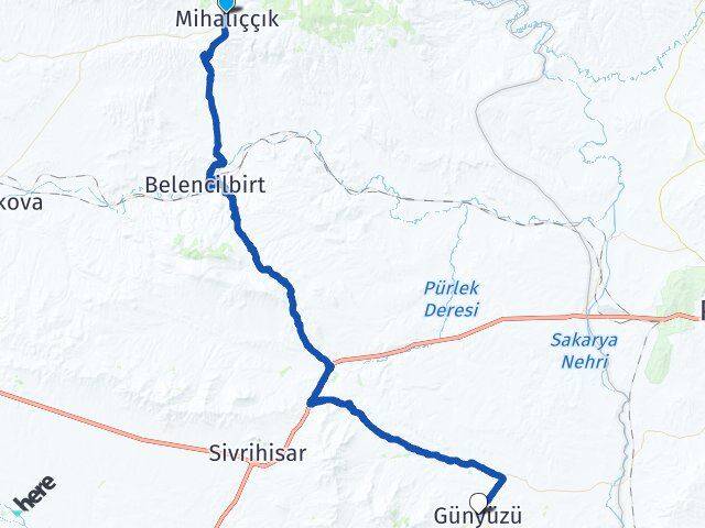 Eskişehir Mihalıççık Günyüzü Arası Kaç Km - Yol Haritası